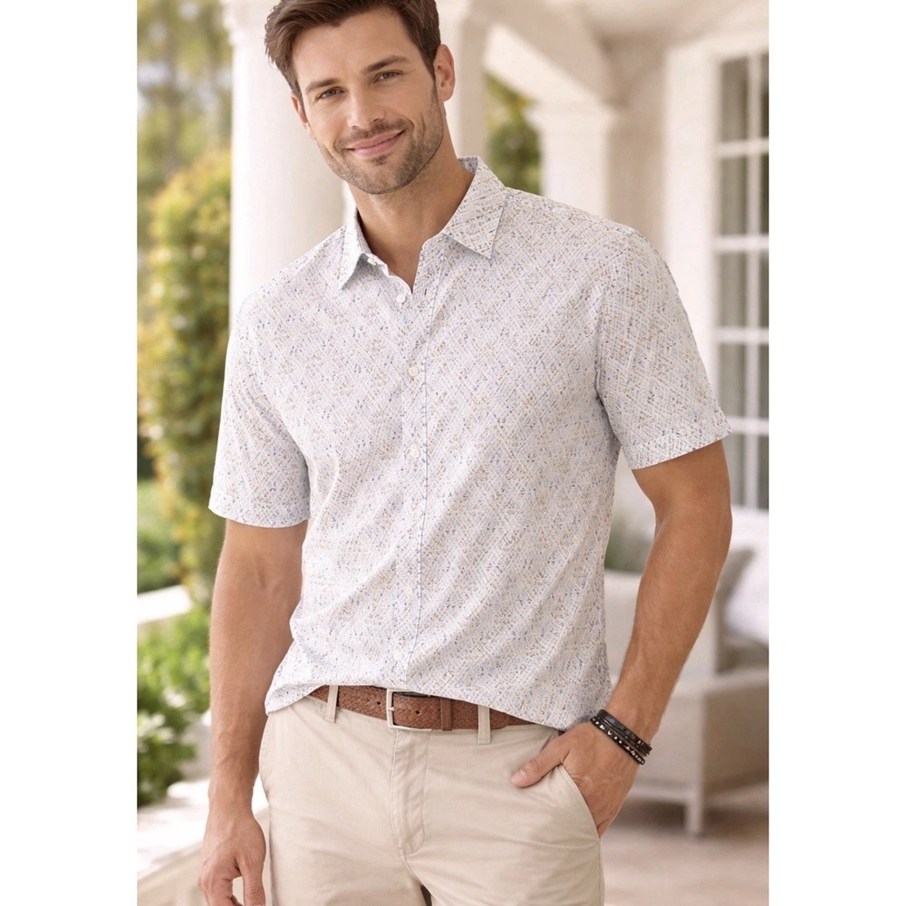 New Perry Ellis Linen Button Up Shirt 2XLT The Untucked Shirt Geometric Print SS